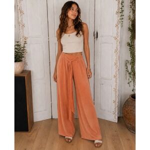 NWT I Believe Wide Leg Tie Waist Pants Med Orange Shimmer Flowy Stretchy Boho